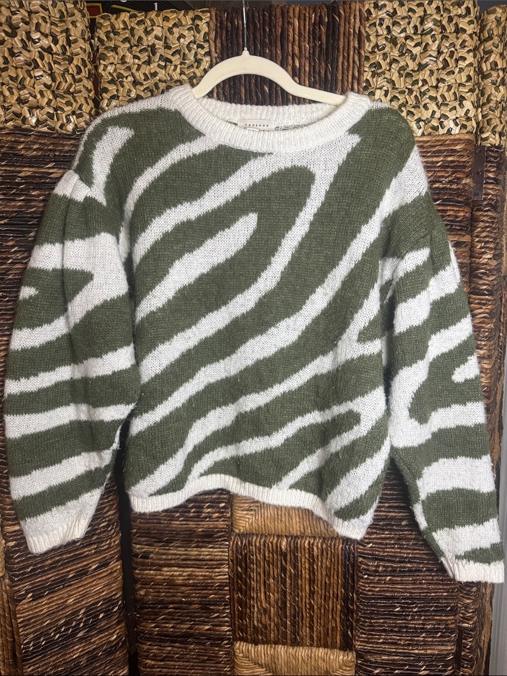 Topshop Olive Green & White Zebra-Print Crewneck Sweater